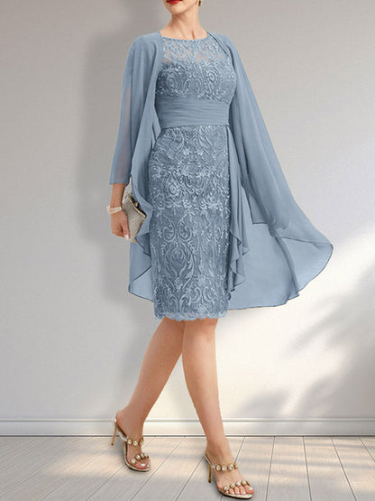 Vestido de madre de la novia de gasa con encaje, escote redondo, ilusión, largo hasta la rodilla, con volantes en cascada y lentejuelas