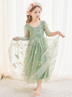 Salbeigrünes Blumenmädchenkleid aus Stoff mit U-Ausschnitt und Tüll (2003227581) 