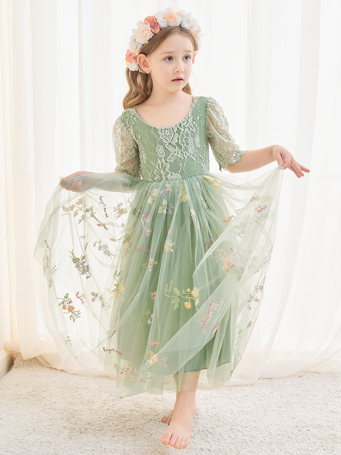 Salbeigrünes Blumenmädchenkleid aus Stoff mit U-Ausschnitt und Tüll (2003227581) 