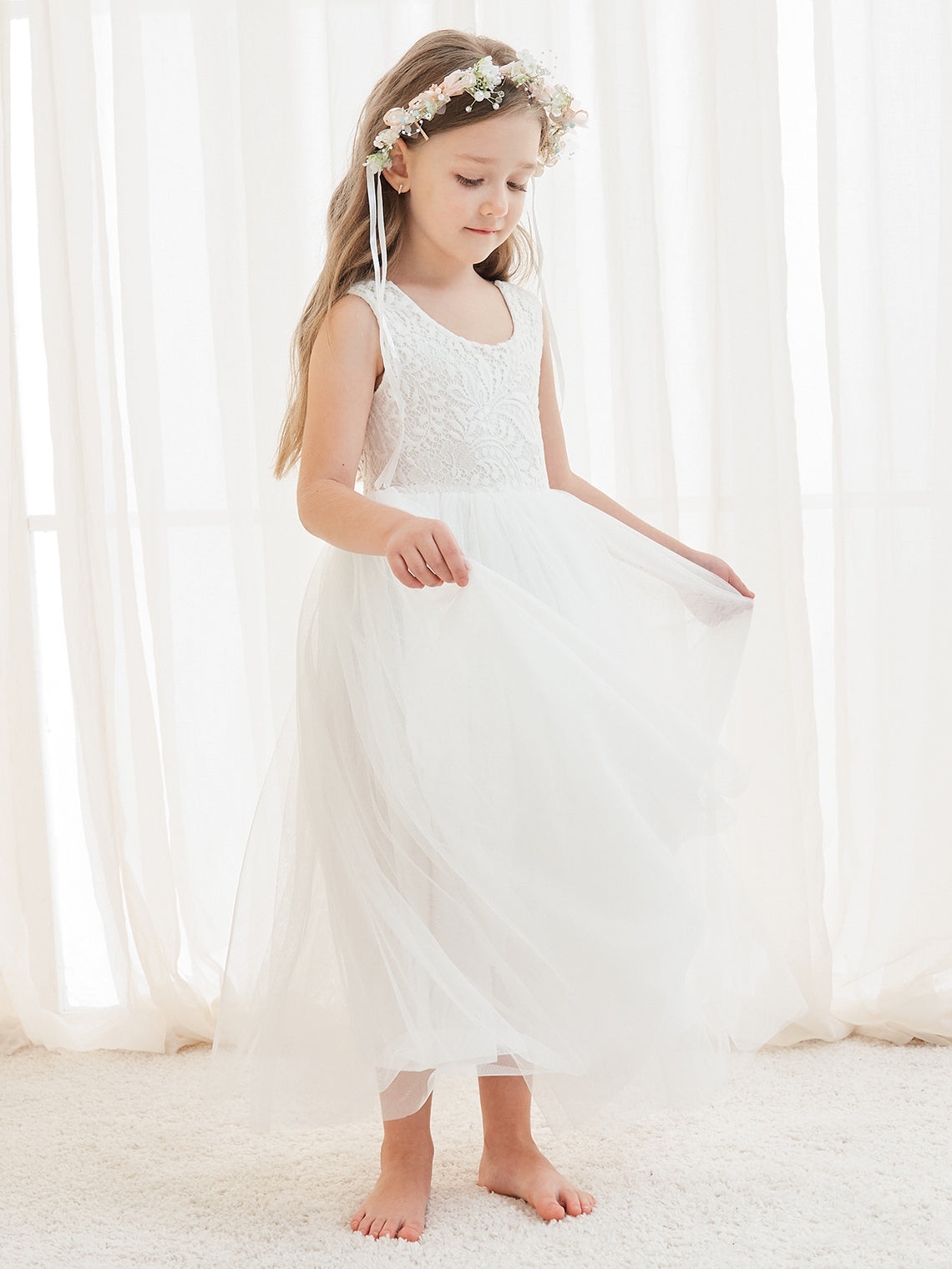 A-Linie Spitze Tüll Knöchellang Weiß Kleid (2003227597) 