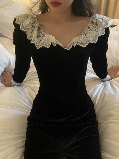 TARUXY Splice Lace Vintage Dresses Women's Black Temperament Slim Dress Lady Side Slit Party Elegant Retro Evening Dress Women