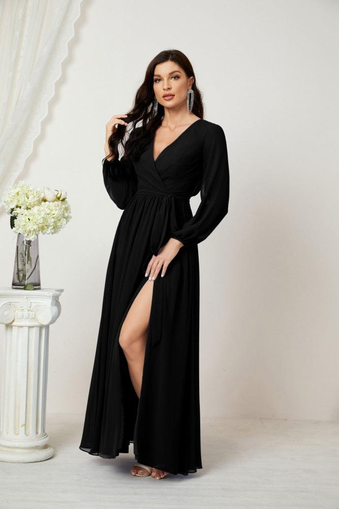 Vestidos de noche Sunnderly con escote en V profundo, gasa, para dama de honor, manga larga de obispo, abertura lateral, vestido formal SY2806 