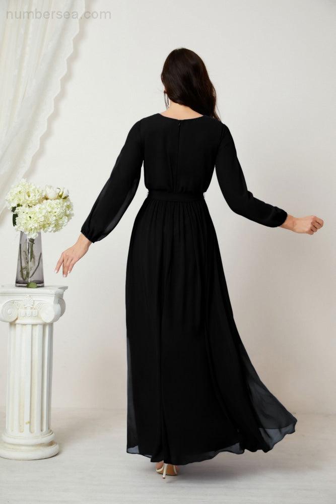 Vestidos de noche Sunnderly con escote en V profundo, gasa, para dama de honor, manga larga de obispo, abertura lateral, vestido formal SY2806 