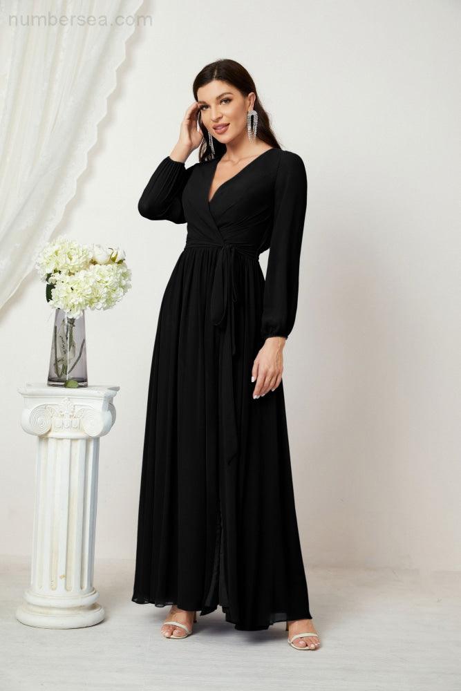 Vestidos de noche Sunnderly con escote en V profundo, gasa, para dama de honor, manga larga de obispo, abertura lateral, vestido formal SY2806 