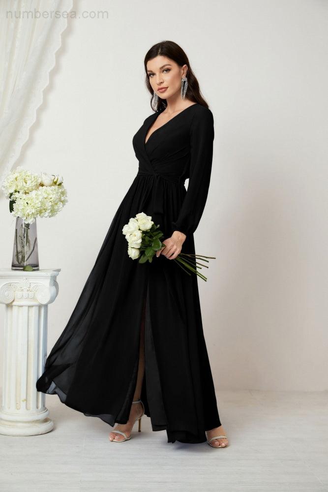 Vestidos de noche Sunnderly con escote en V profundo, gasa, para dama de honor, manga larga de obispo, abertura lateral, vestido formal SY2806 
