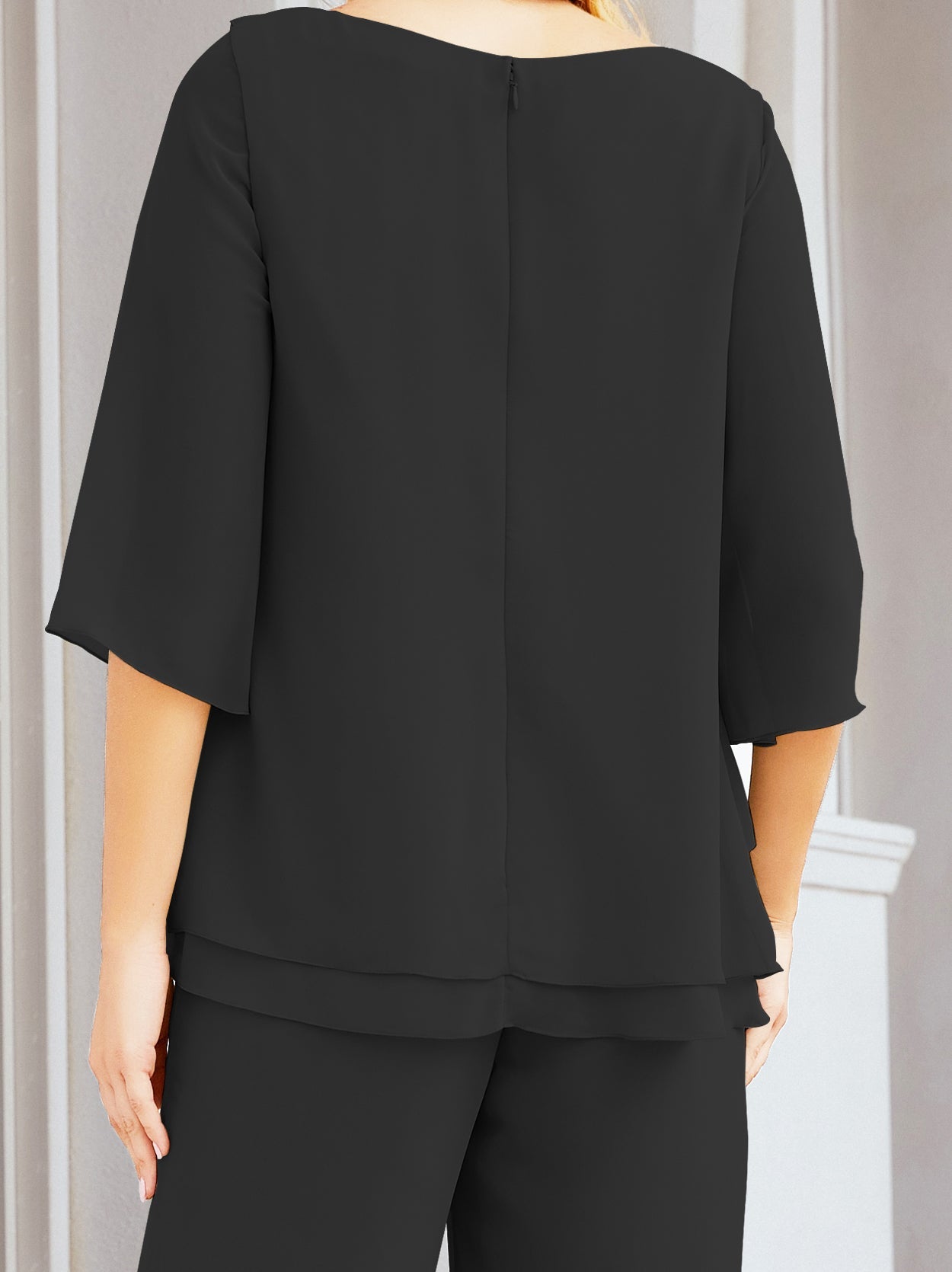 Elegante vestido de dos piezas para madre de la novia, talla grande, pantalón, capas con volantes, bata plateada SY28064 