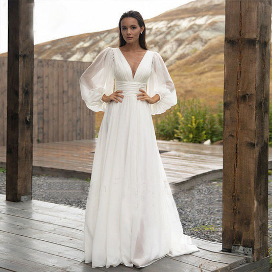 Simple Puff Sleeve Wedding Dress Bridal Long A Line Backless Beach Bride Gown Sweep Train Chiffon Robe De Mariée Vestidos-payinti