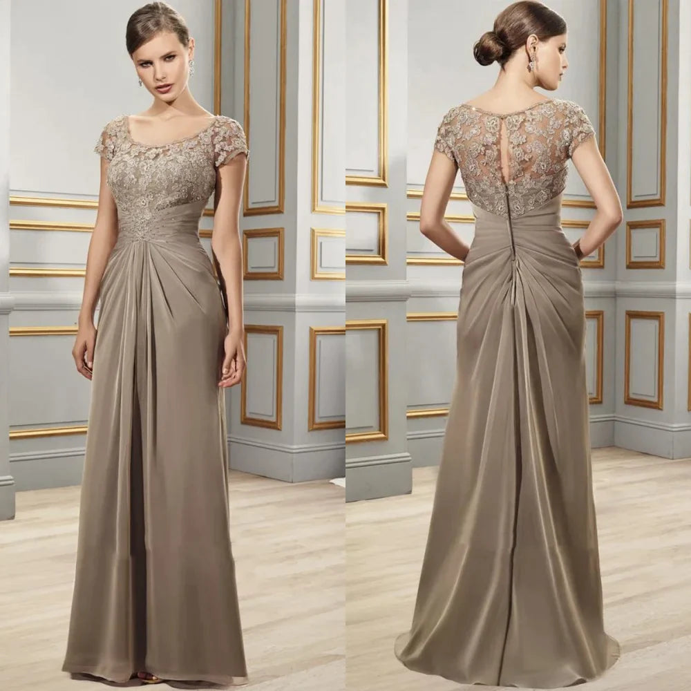 Elegant Jewel Neck Pleat Chiffon Mother of Bride Dresses With Appliques Lace Wedding Evening Party Gown For Women-payinti