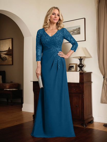 Etui-/Säulen-Kleid mit V-Ausschnitt, bodenlangem Illusion-Spitzen-Chiffon und plissierten Pailletten 