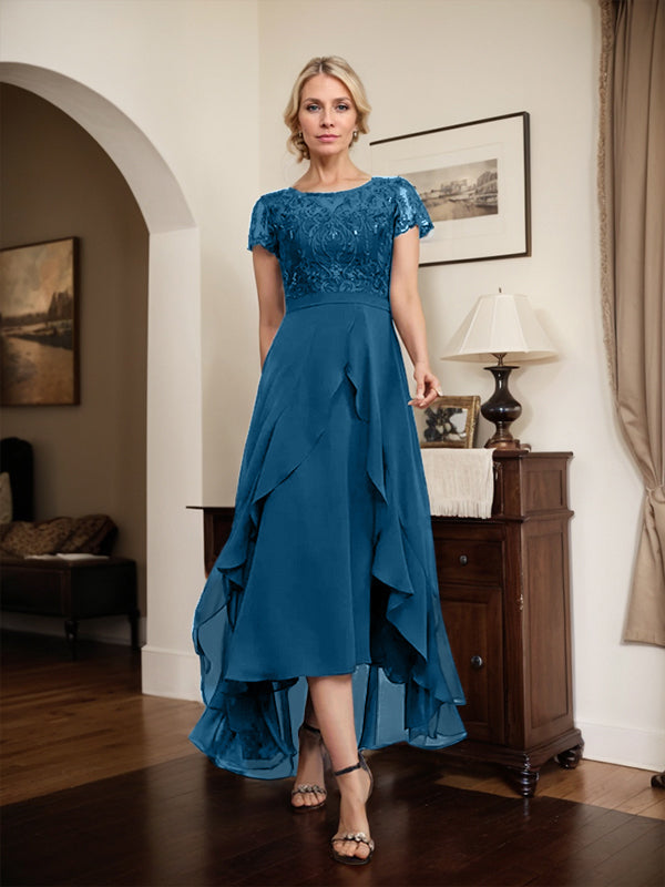 Vestido de madre de la novia de gasa asimétrica con escote en A, ilusión, encaje, lazo, volante y lentejuelas