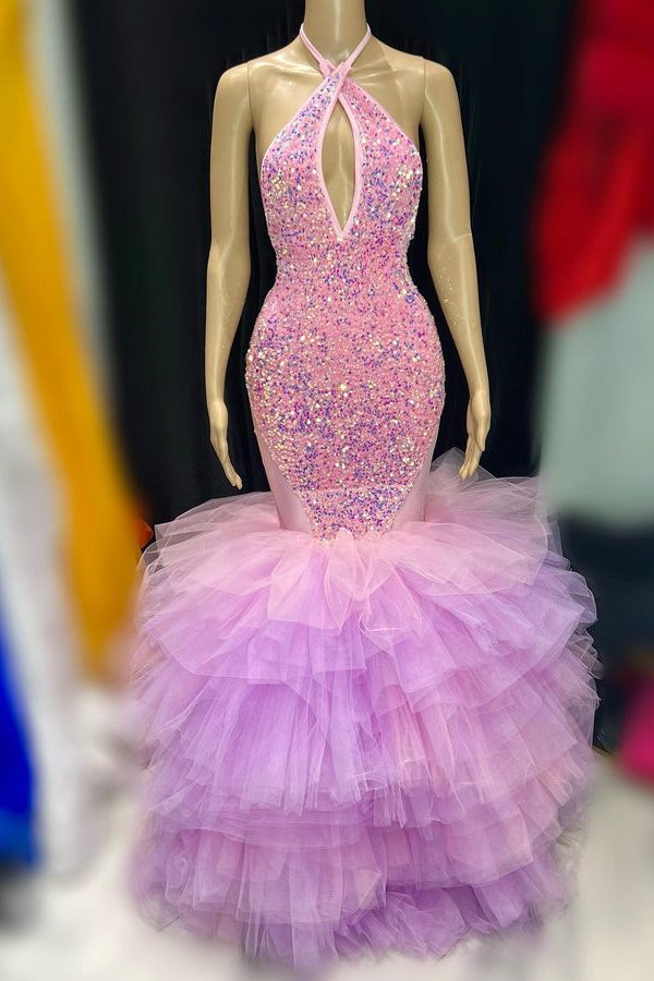 Neckholder Pailletten Tüll Stufen Meerjungfrau Ärmelloses Ballkleid