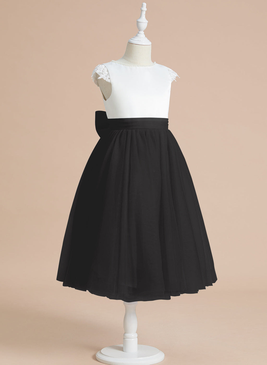 Vestido de niña de las flores de primera comunión de tul satinado con corte en A y largo hasta la rodilla