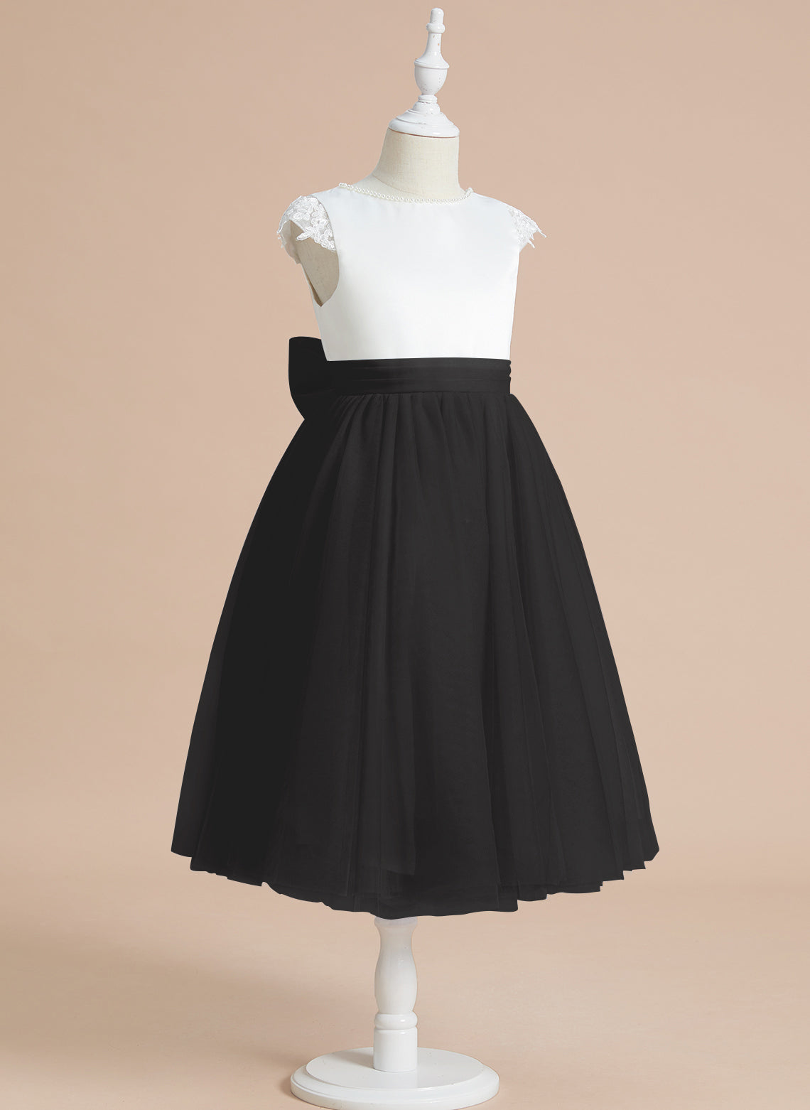 Vestido de niña de las flores de primera comunión de tul satinado con corte en A y largo hasta la rodilla