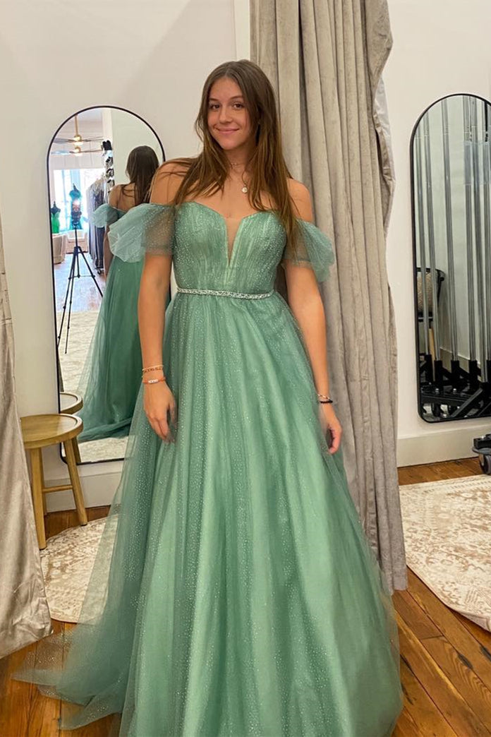 Lilyana | A-Linien-Ballkleid aus Seeglastüll mit V-Ausschnitt und schulterfreiem, langem Schnitt