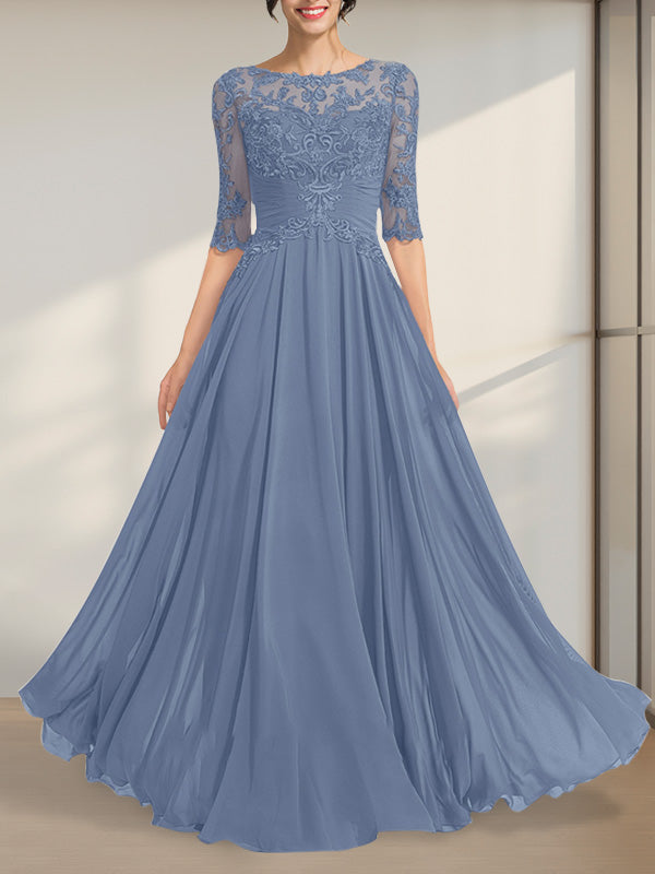 A-line Scoop Illusion Floor-Length Chiffon Lace Mother of the Bride Dress With Pleated Sequins
