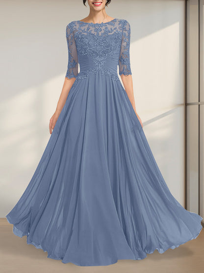 A-line Scoop Illusion Floor-Length Chiffon Lace Mother of the Bride Dress With Pleated Sequins