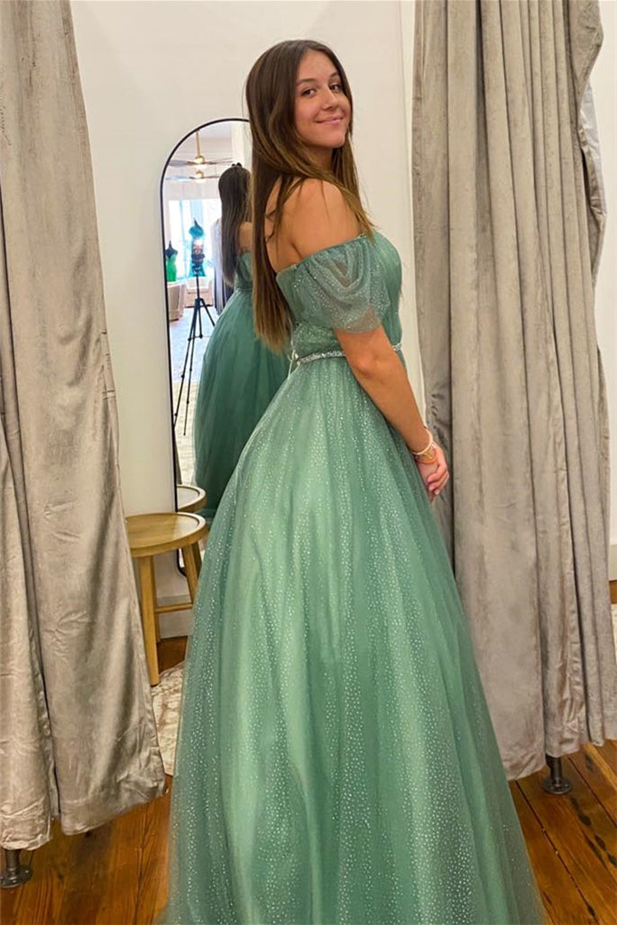 Lilyana | A-Linien-Ballkleid aus Seeglastüll mit V-Ausschnitt und schulterfreiem, langem Schnitt