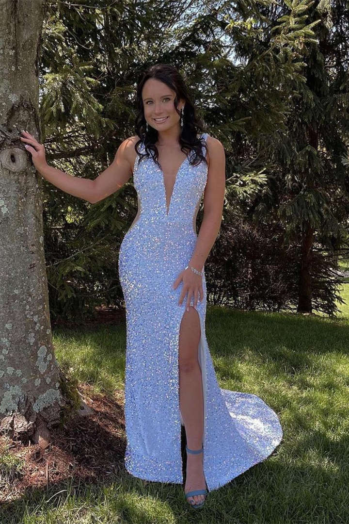 V-Neck Backless Sequins Long Mermaid Prom Dress