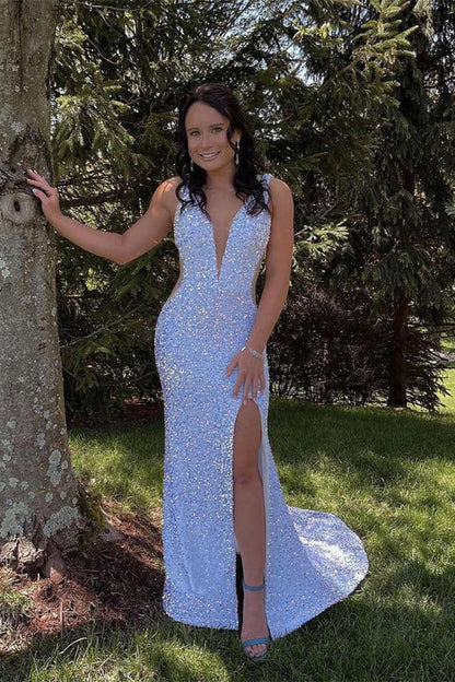 V-Neck Backless Sequins Long Mermaid Prom Dress