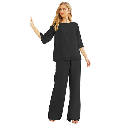 Sunnderly Chiffon Mother of The Bride Dress Plus Size Pant Suits Ruffle Layers