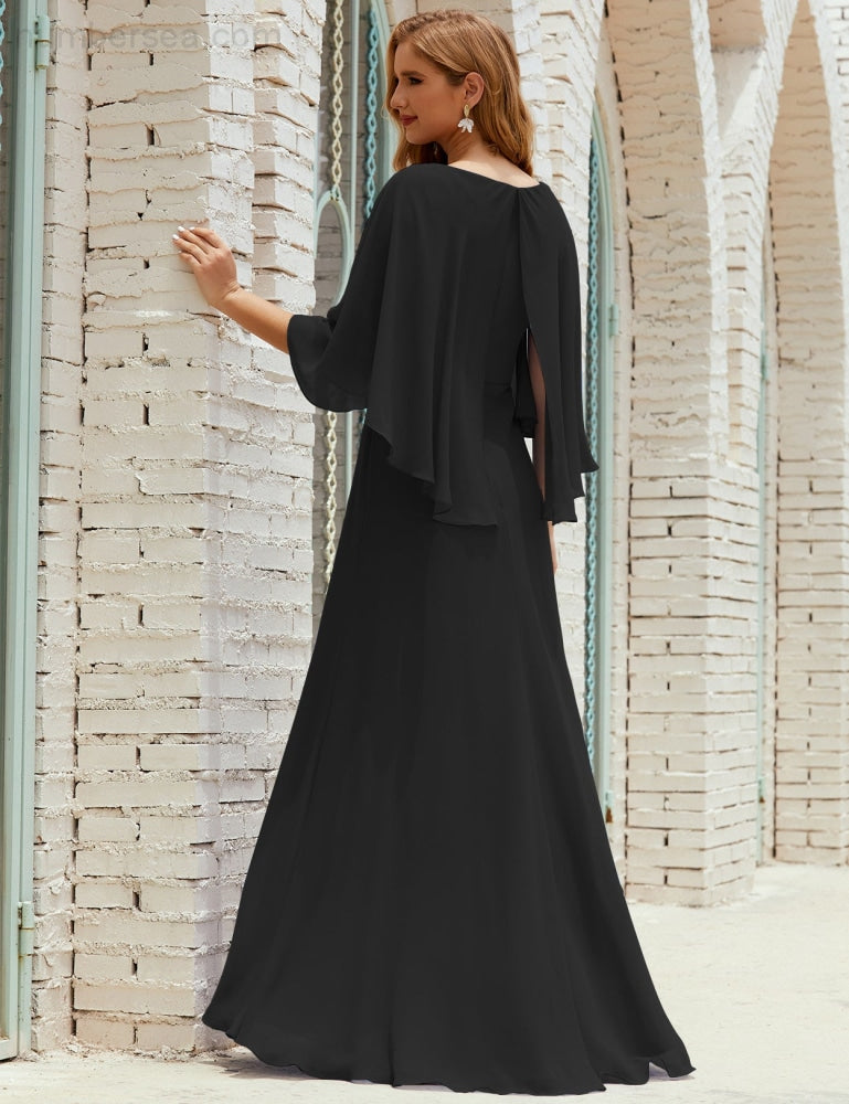 Vestido de dama de honor Sunnderly para mujer, de gasa, manga larga y cuello en V, vestido formal para boda o fiesta SY28018 