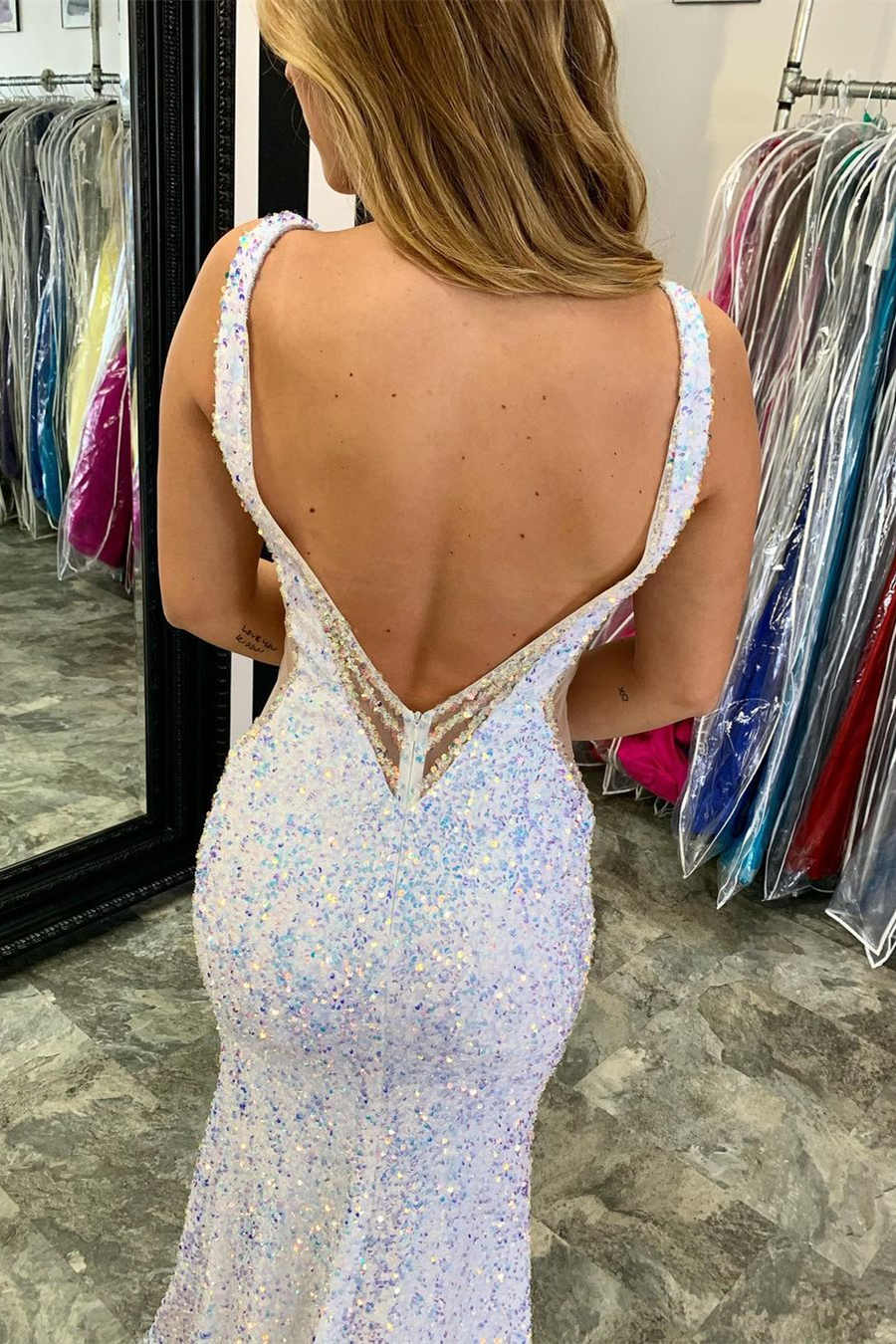 V-Neck Backless Sequins Long Mermaid Prom Dress