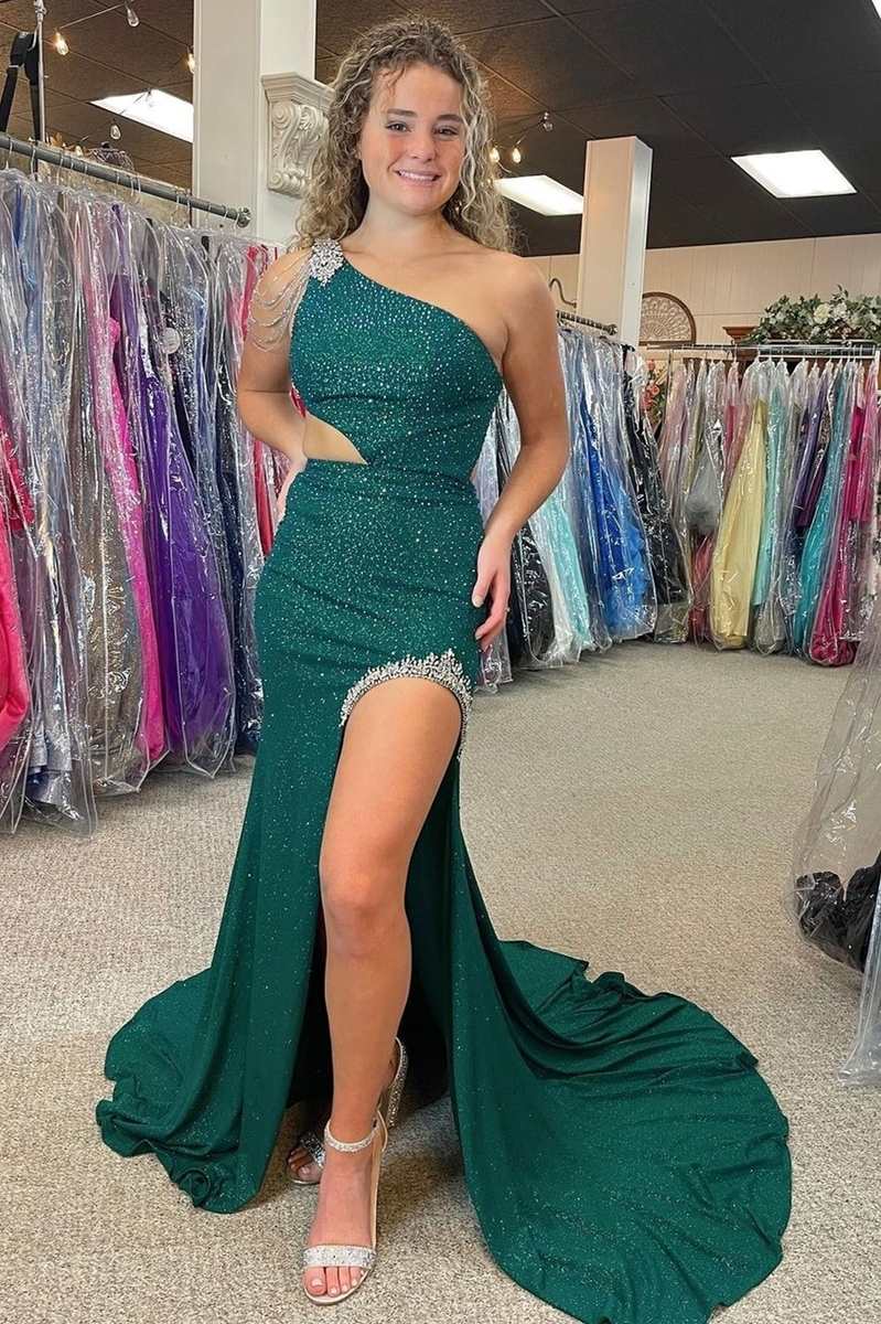 Itzel | Langes Ballkleid im Meerjungfrauenstil mit Schlitz und One-Shoulder-Träger in Jägergrün