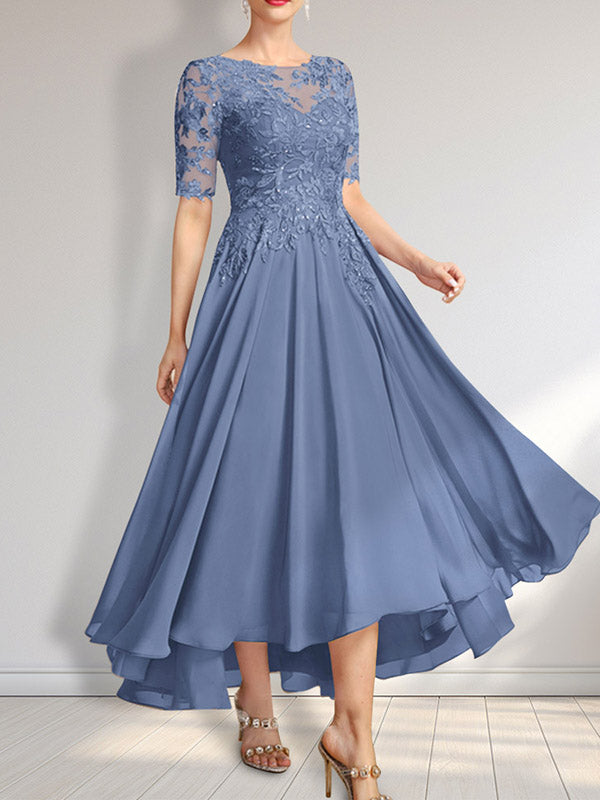 Vestido de madre de la novia de gasa asimétrica con encaje, ilusión, corte A y lentejuelas