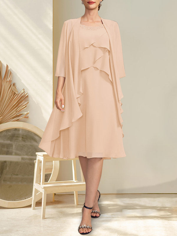 Vestido de gasa para madre de la novia con escote en A y escote redondo hasta la rodilla con cuentas