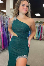 Itzel | Langes Ballkleid im Meerjungfrauenstil mit Schlitz und One-Shoulder-Träger in Jägergrün