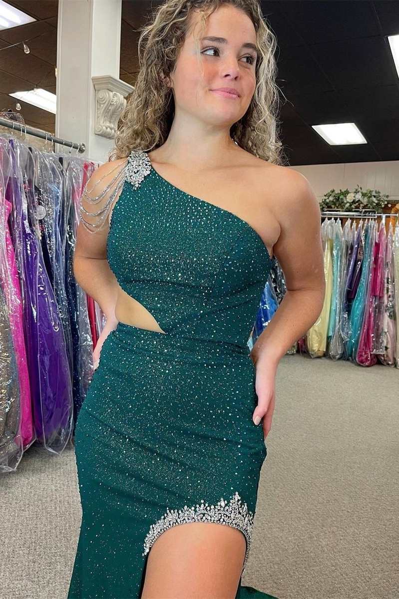 Itzel | Langes Ballkleid im Meerjungfrauenstil mit Schlitz und One-Shoulder-Träger in Jägergrün