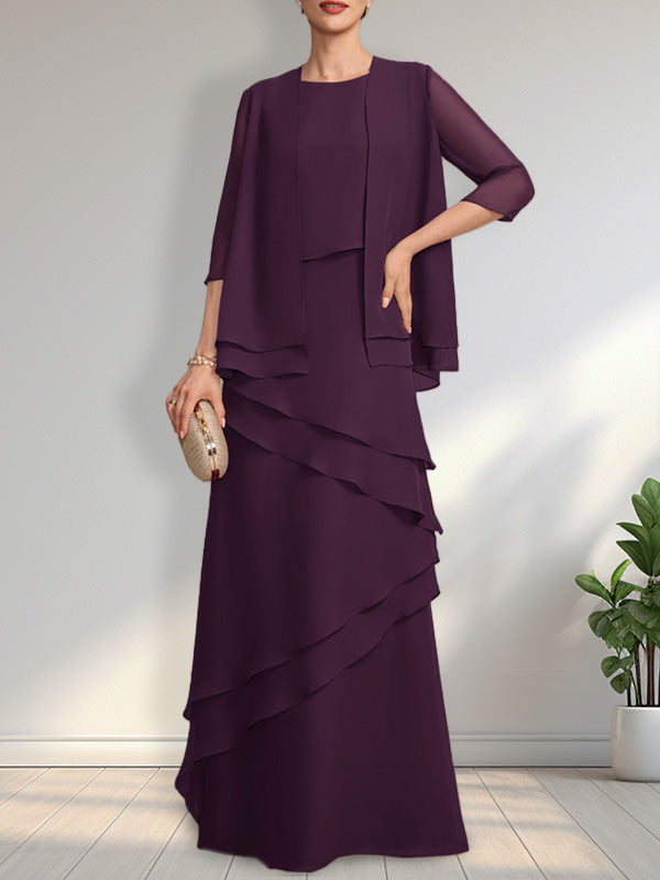 Vestido de gasa para madre de la novia con escote redondo y largo hasta el suelo