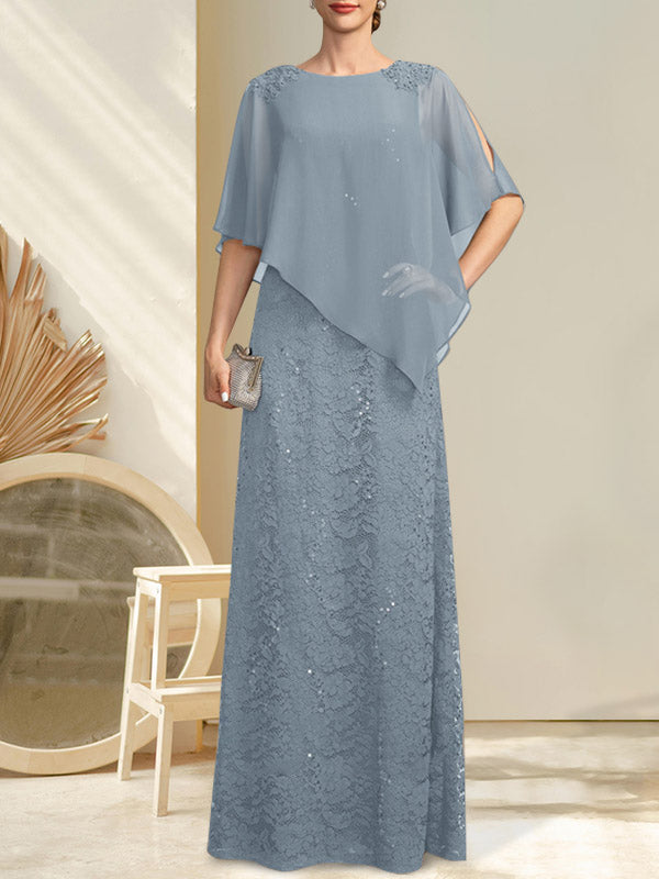 Vestido de madre de la novia de gasa con encaje, escote redondo y largo hasta el suelo, con lentejuelas y abalorios