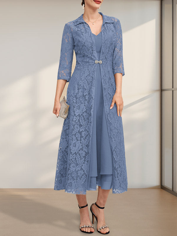 A-Linie V-Ausschnitt Wadenlanges Chiffonkleid für die Brautmutter