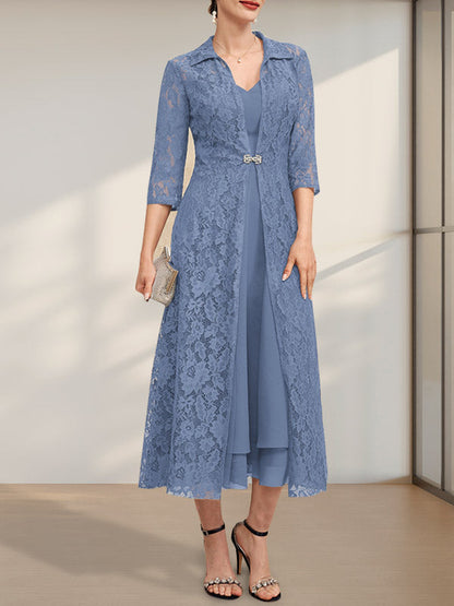 A-Linie V-Ausschnitt Wadenlanges Chiffonkleid für die Brautmutter