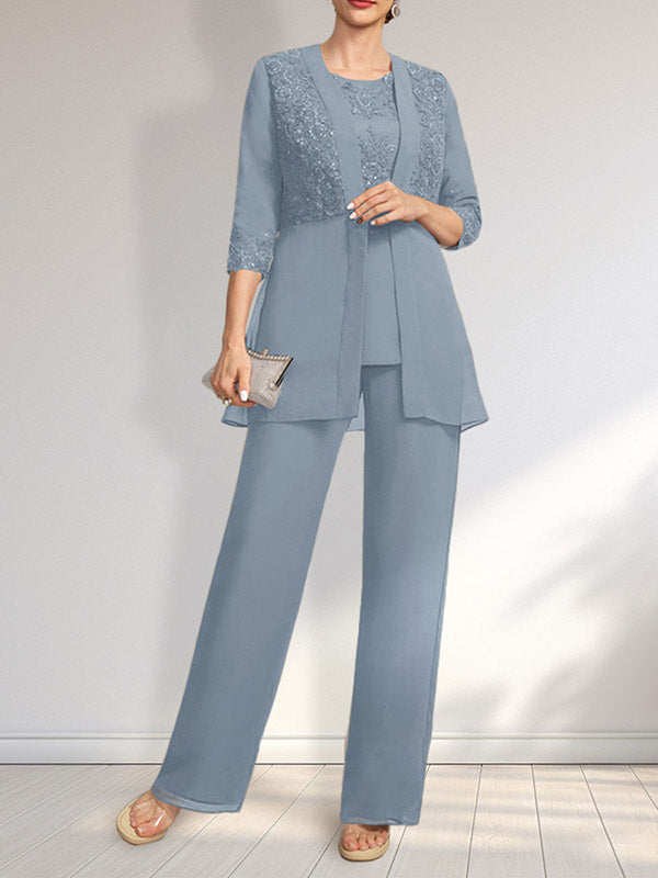 Jumpsuit/Pantsuit Separates Scoop Floor-Length Chiffon Lace Mother of the Bride Dress With Sequins