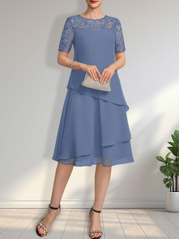 Vestido de gasa con encaje y lentejuelas para madre de la novia, corte A, escote ilusión, largo hasta la rodilla