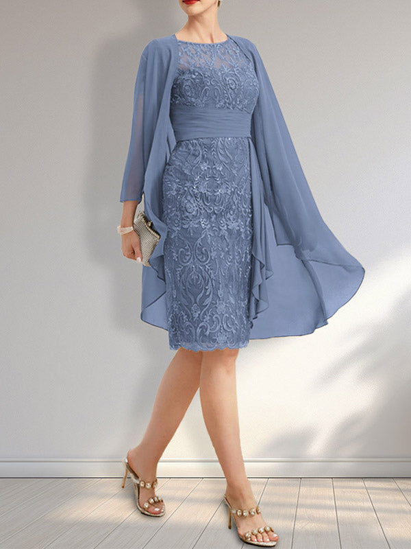 Vestido de madre de la novia de gasa con encaje, escote redondo, ilusión, largo hasta la rodilla, con volantes en cascada y lentejuelas