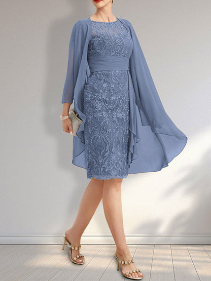 Vestido de madre de la novia de gasa con encaje, escote redondo, ilusión, largo hasta la rodilla, con volantes en cascada y lentejuelas