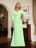 Vestido de madre de la novia de gasa con encaje, escote en V, ilusión, largo hasta el suelo, con lentejuelas plisadas