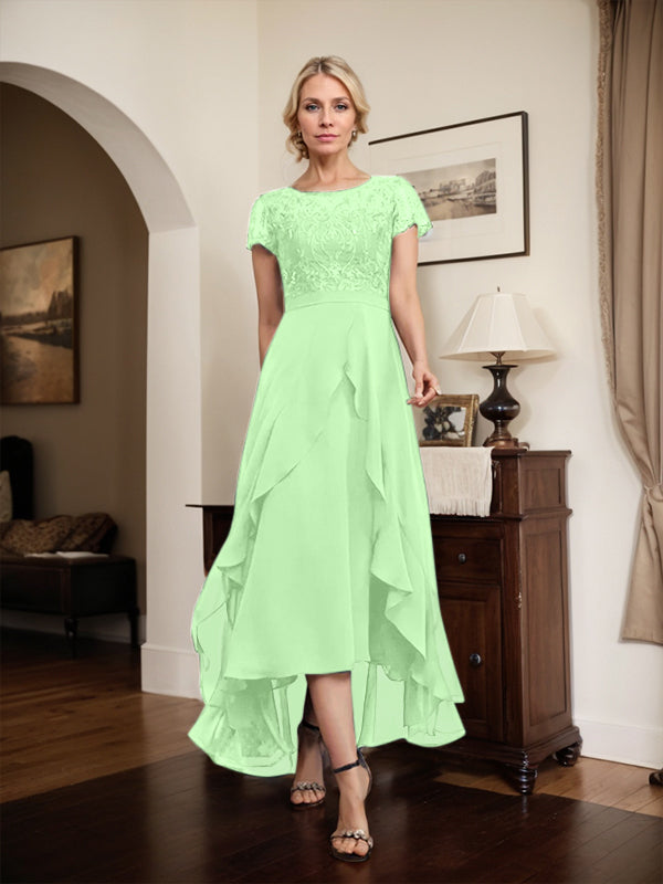 Vestido de madre de la novia de gasa asimétrica con escote en A, ilusión, encaje, lazo, volante y lentejuelas