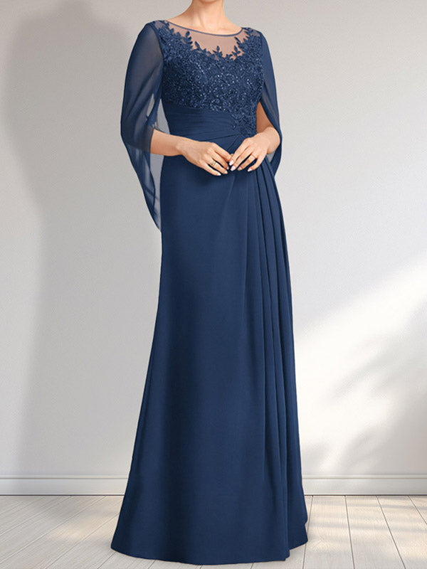 Vestido de gasa con encaje, ilusión, corte A, largo hasta el suelo, para madre de la novia con lentejuelas plisadas