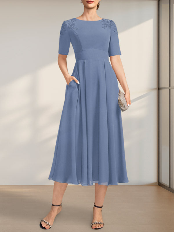 Vestido de gasa para madre de la novia, corte A, escote redondo, largo hasta la rodilla, con apliques de encaje y lentejuelas