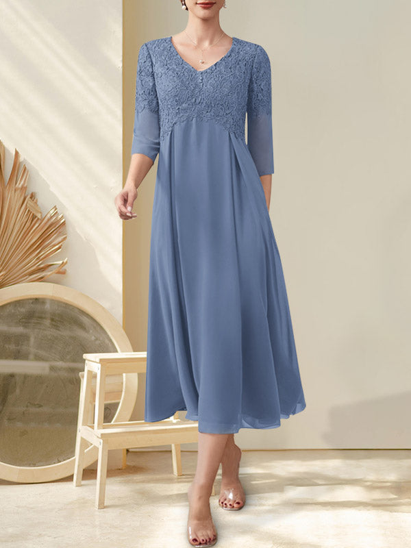 A-Linie V-Ausschnitt Wadenlanges Chiffon-Spitzenkleid für die Brautmutter mit Perlenbesatz