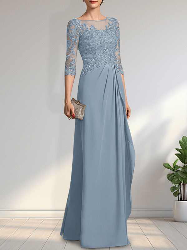 Vestido de gasa para madre de la novia con encaje, corte A, escote redondo, ilusión, largo hasta el suelo, con lentejuelas y abalorios y volantes en cascada