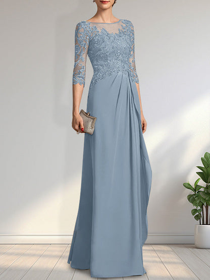 Vestido de gasa para madre de la novia con encaje, corte A, escote redondo, ilusión, largo hasta el suelo, con lentejuelas y abalorios y volantes en cascada