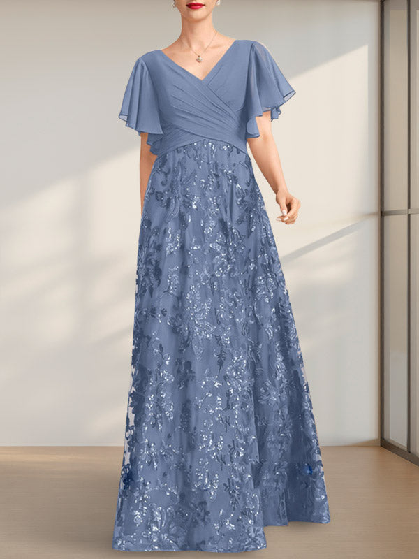 A-Linie V-Ausschnitt Bodenlang Spitze Pailletten Chiffon Mutter der Braut Kleid Mit Plissee