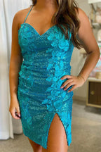 Sheath Sequin Open Back Homecoming Dress with 3D Flowers