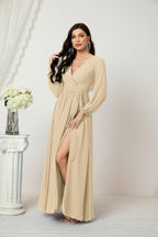 Vestidos de noche Sunnderly con escote en V profundo, gasa, para dama de honor, manga larga de obispo, abertura lateral, vestido formal SY2806 