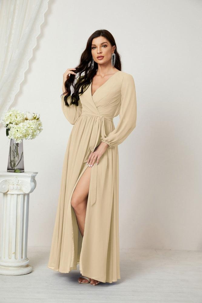 Vestidos de noche Sunnderly con escote en V profundo, gasa, para dama de honor, manga larga de obispo, abertura lateral, vestido formal SY2806 